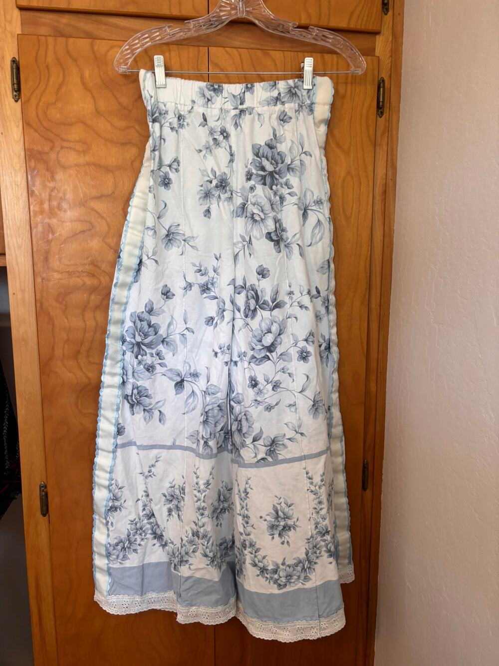 Handmade Upcycled Blue Floral Tablecloth Wide Leg Pants